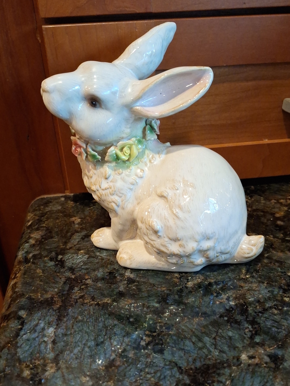 Glazed Irredesent Ceramic  Bunny Figurine with Pastel Floral Collar